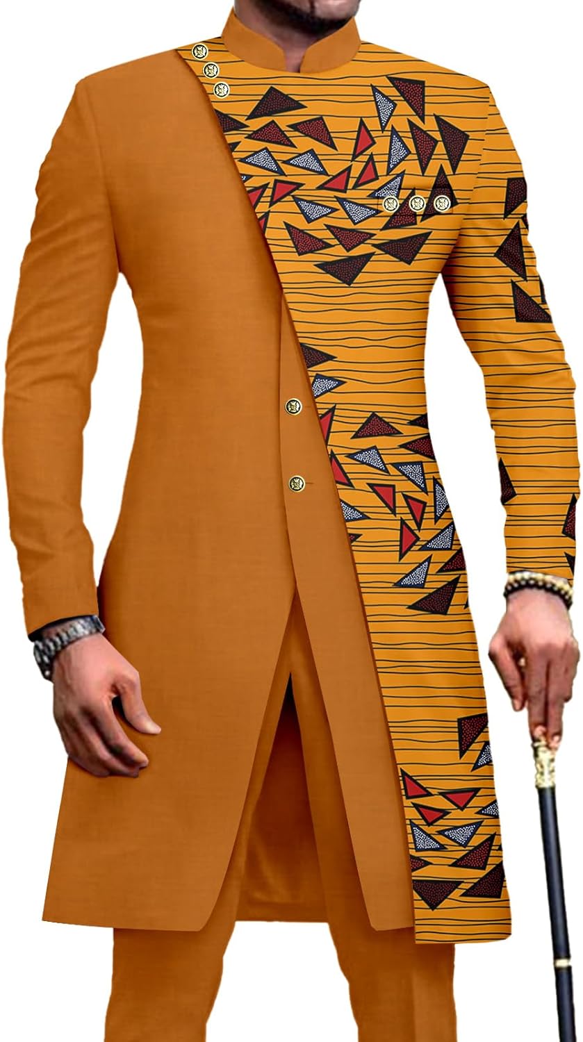 African Suits for Men Slim Fit Single Breasted Print Blazer and Pants Set Business Dress Suit