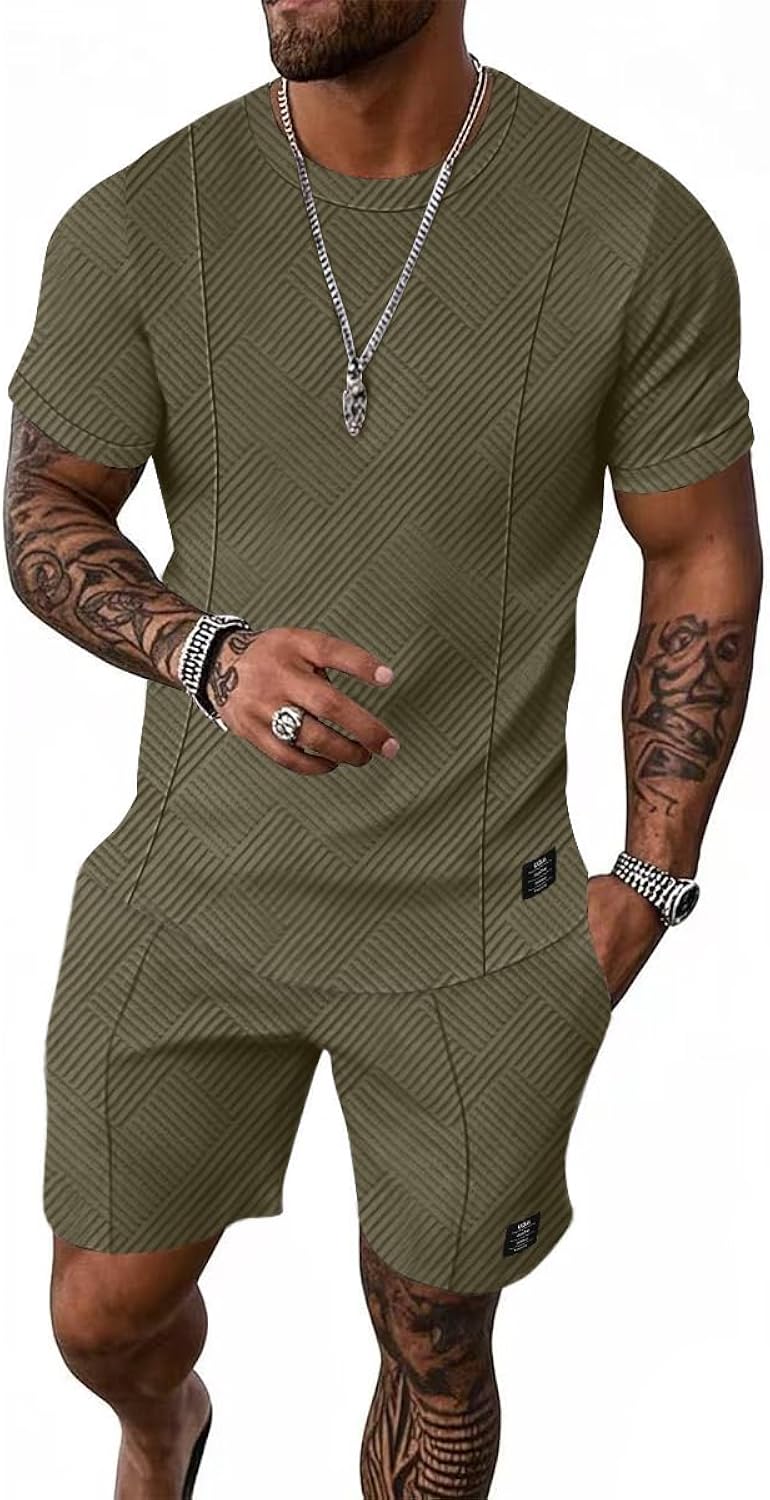 UOUA Mens Short Sets 2 Piece Summer Outfits Casual Short Sleeve Crew-Neck Shirts & Shorts Track Suit Jogging Loungewear