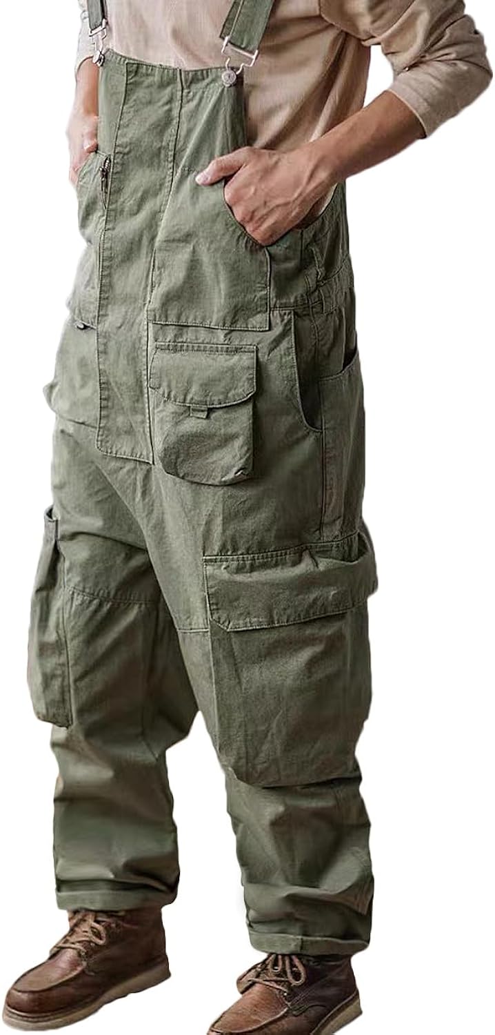 Rexcyril Men's Bib Overalls Loose Fit Baggy Casual Workwear Fashion Lightweight Sloppy Coveralls with Cargo Pockets