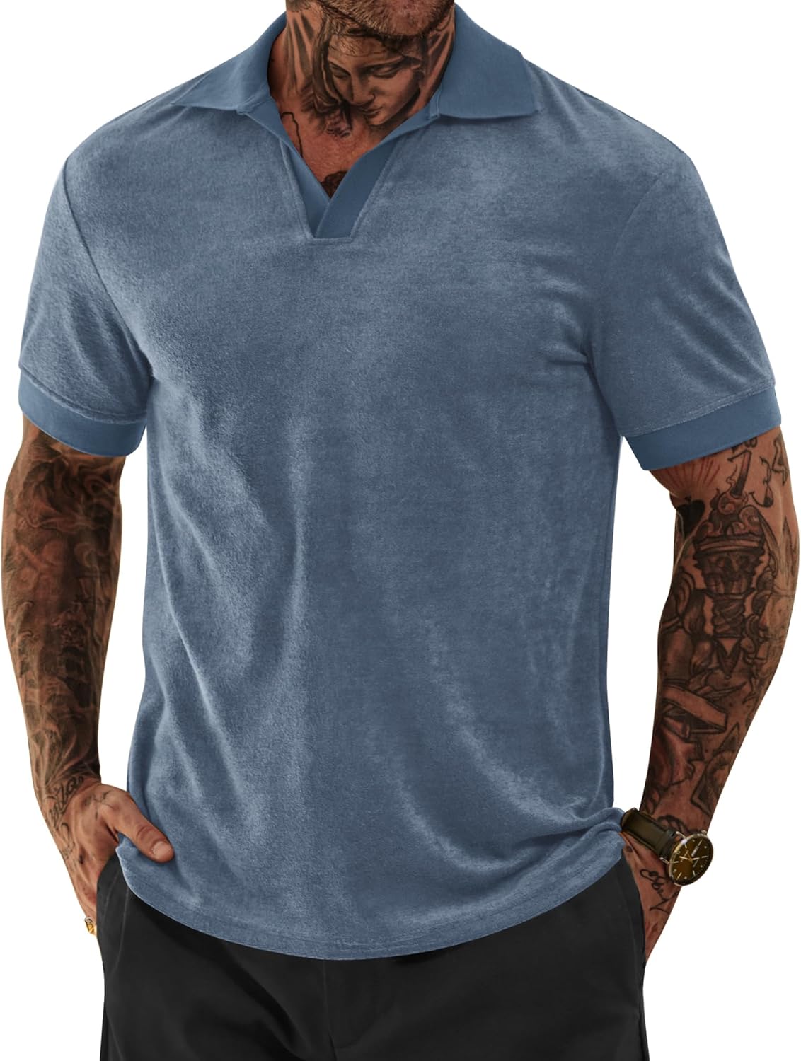 VOGSTART Mens Terry Polo Shirts Johnny Collar Casual Summer Short Sleeve Buttonless Shirt (S-XXL)