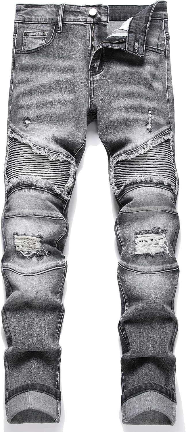 QIMYUM Men's Slim Fit Jeans Ripped Skinny Jeans for Men, Fashion Biker Jeans Stretch Moto Cargo Denim Pants