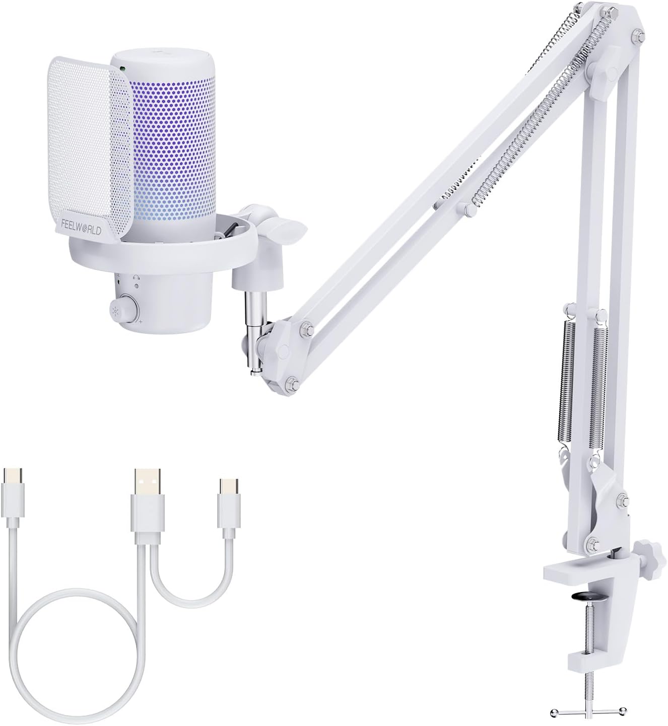 FEELWORLD VM1 White Gaming PC USB Microphone Condenser Mic with Noise Cancellation Mute RGB Light, Computer Accessories Gi...