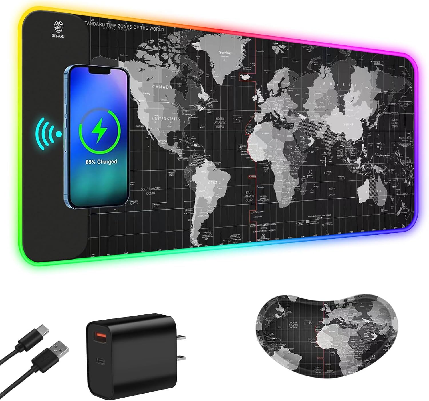 ToLuLu Wireless Charging RGB Gaming Mouse Pad, 15W LED Mouse Mat with 30W Charger, 14 Light Modes Large Mousepad with Wris...