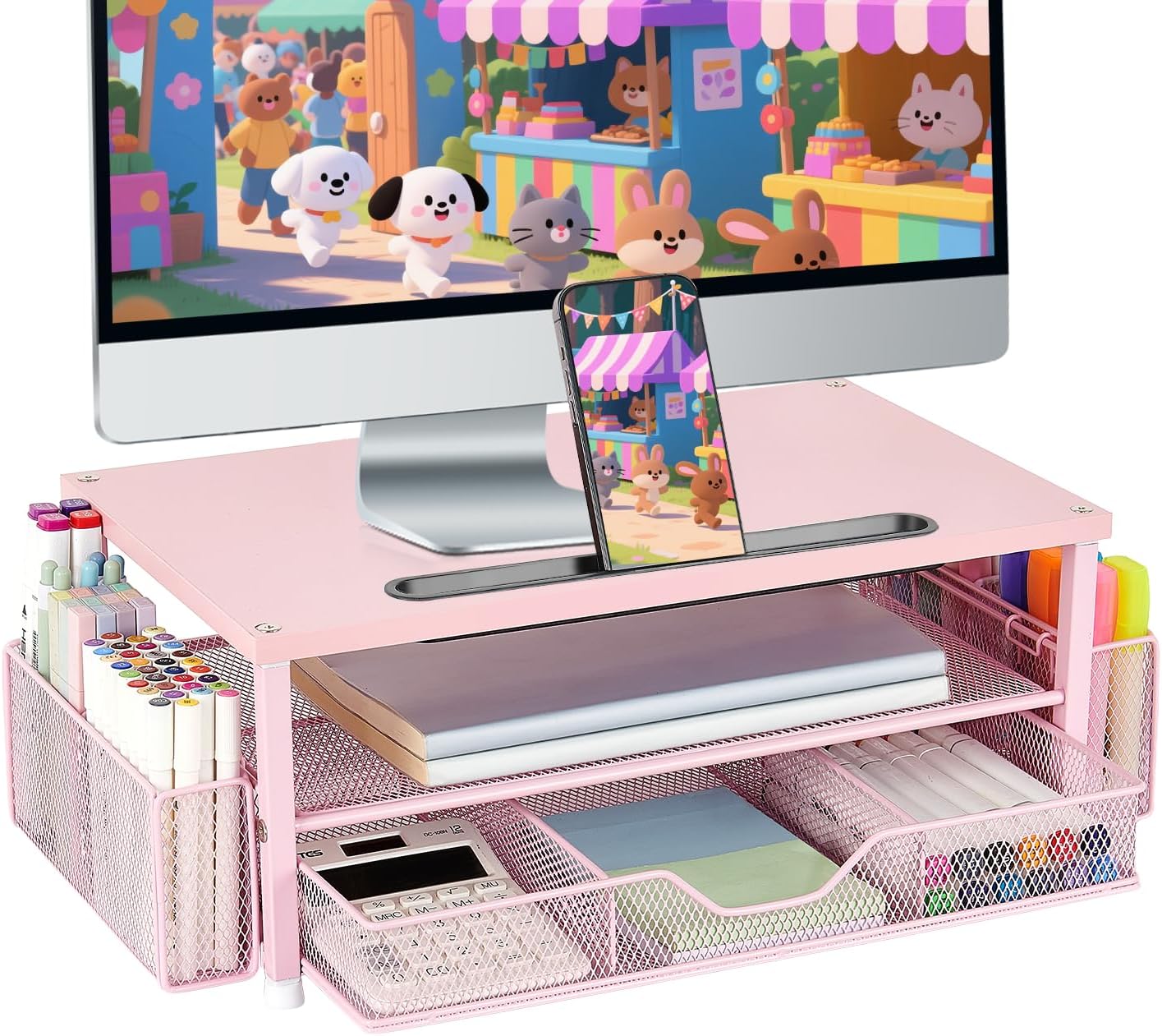 Wood Desk Organizers and Accessories, 2-Tier Computer Monitor Stand with Drawer, Pen Storage & Tablet Phone Holder, Office...