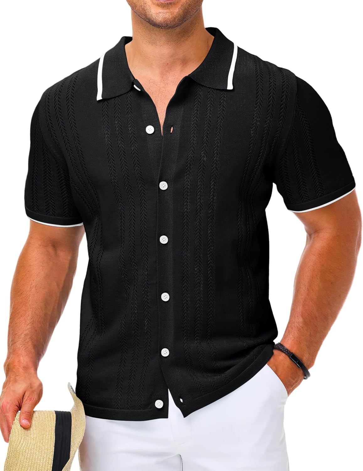 LETSEE Mens Short Sleeve Button Down Shirts Knit Polo Shirt Summer Beach Tops Resort Wear 2025