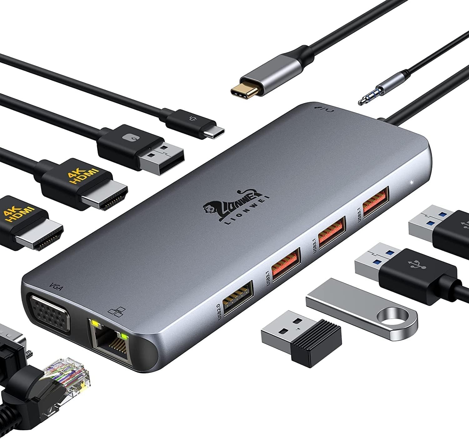 LIONWEI Laptop Docking Station 13 in 1 - Dual HDMI+DisplayPort+10Gbps, 6 USB C/A, 100W PD, Ethernet, SD/TF, Audio, USB C H...