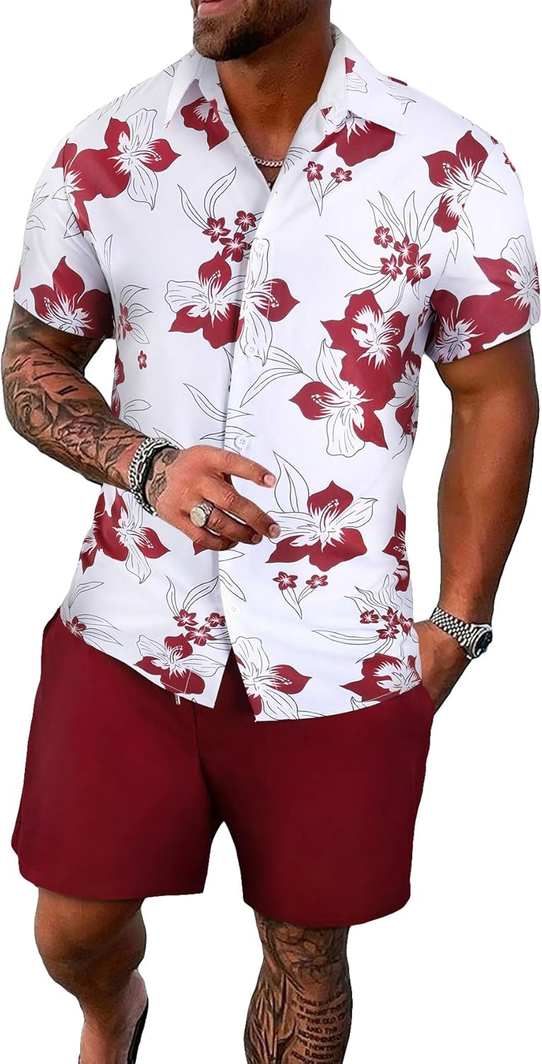 GORGLITTER Men's Vacation Beach Outfits 2 Piece Shorts Set Floral Hawaiian Button Down Shirt and Shorts