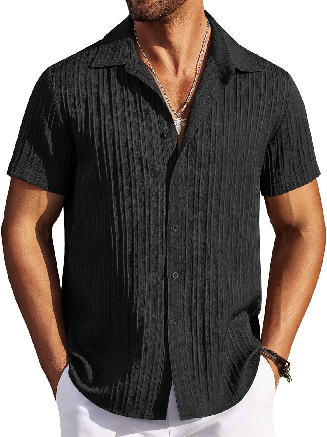 COOFANDY Men's Casual Button Down Shirts Short Sleeve Textured Summer Beach Shirts