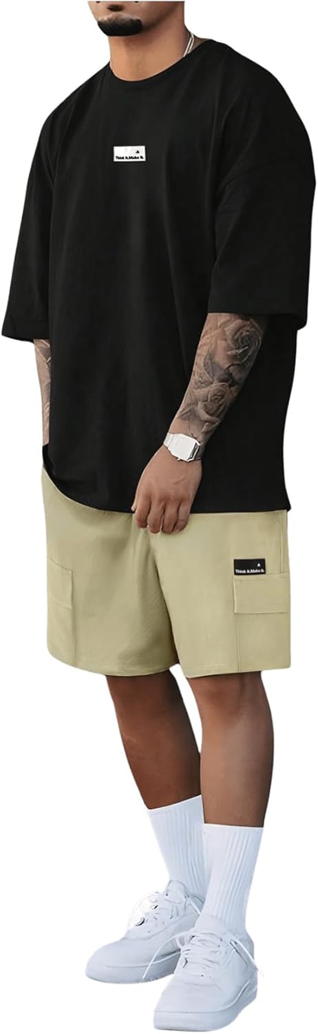 RoseSeek Men's 2 Piece Outfits Letter Patched Short Sleeve T Shirt Drawstring Waist Track Shorts Tracksuit