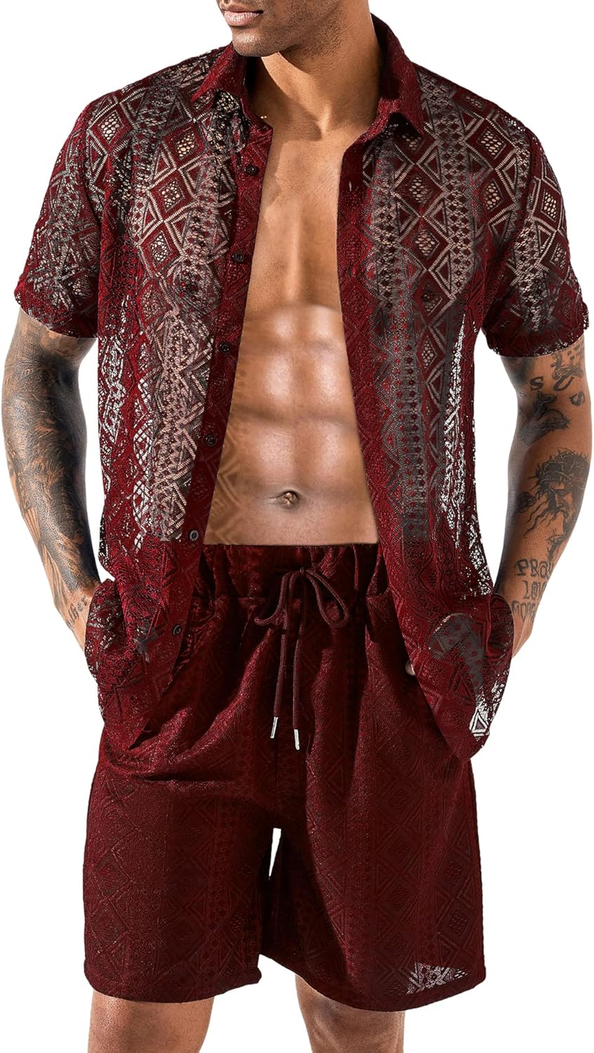 LecGee Men Summer Casual Short Sets Lace Short Sleeve Button Down Shirt Elastic Waist Shorts 2 Piece Outfits Tracksuit