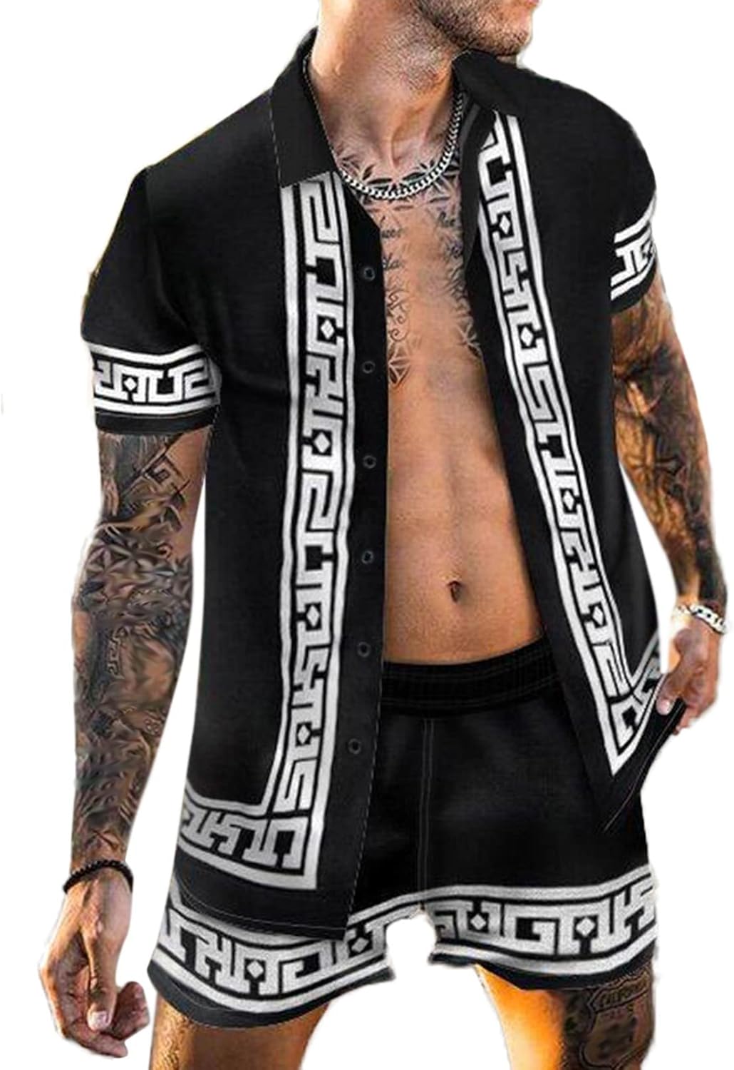 Men's Hawaiian Sets Short Sleeve Luxury Print Casual Button Down Dress Shirt Top and Shorts