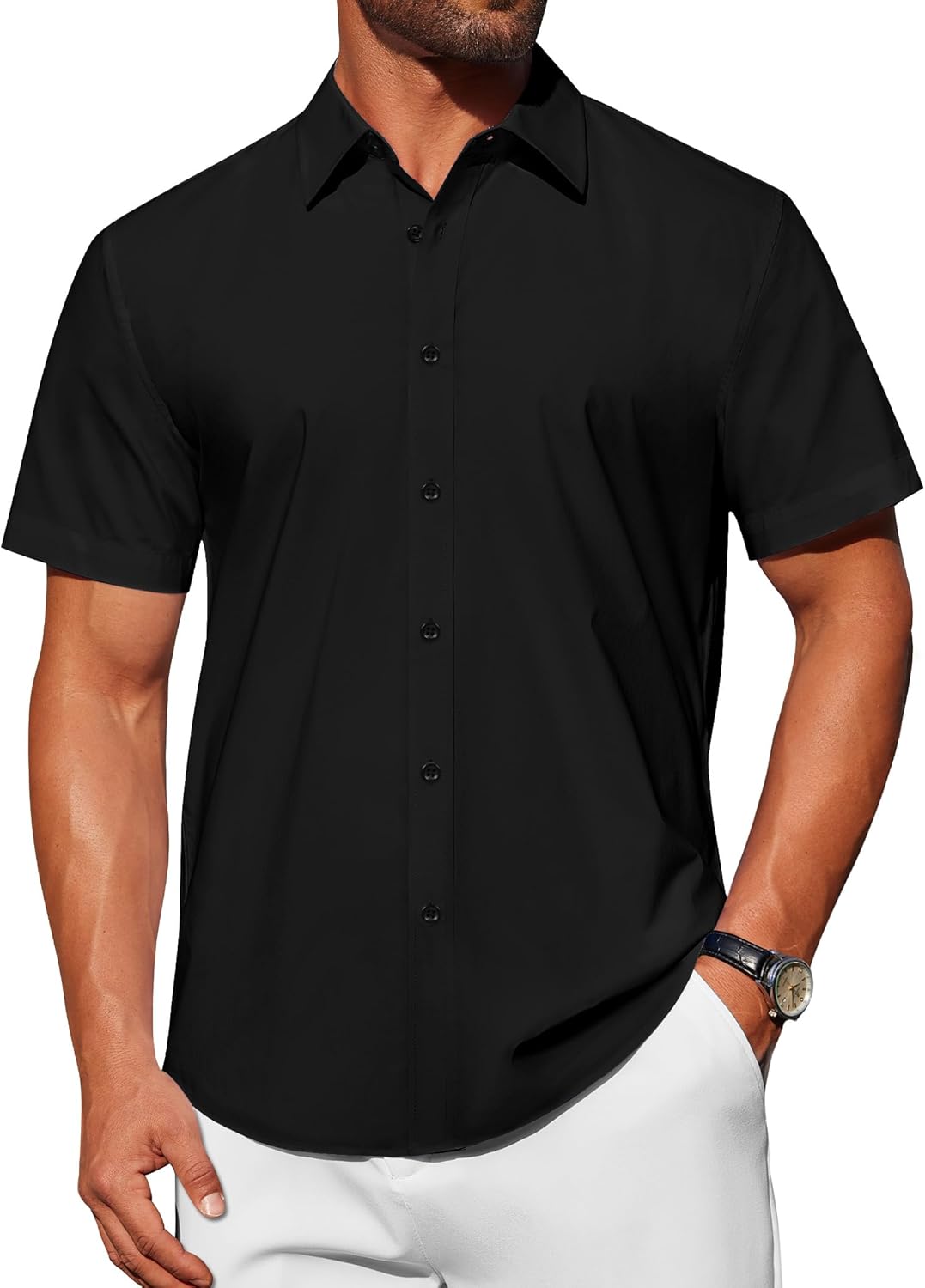 J.VER Mens Short Sleeve Button Down Shirt Stretch Business Casual Dress Shirts Solid Summer Wedding Prom Tops