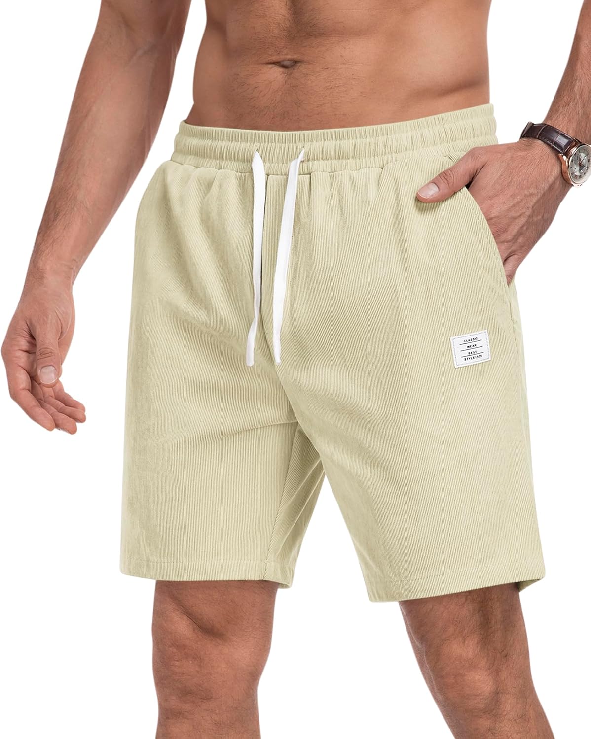 DOWMQ Men's Corduroy Shorts Casual Elastic Drawstring Lightweight Summer Beach Shorts with Pockets