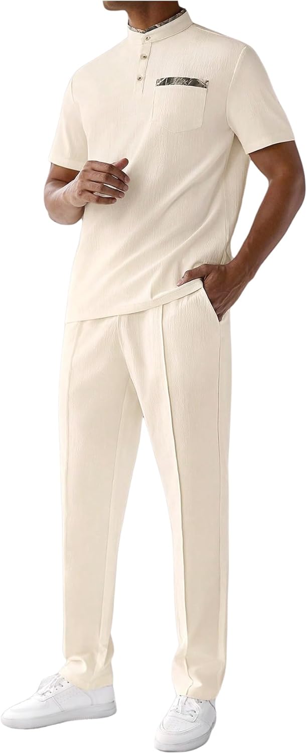 RoseSeek Men's 2 Piece Outfits Button Up Banded Collar Shirts and Drawstring Waist Pants Clothing Set