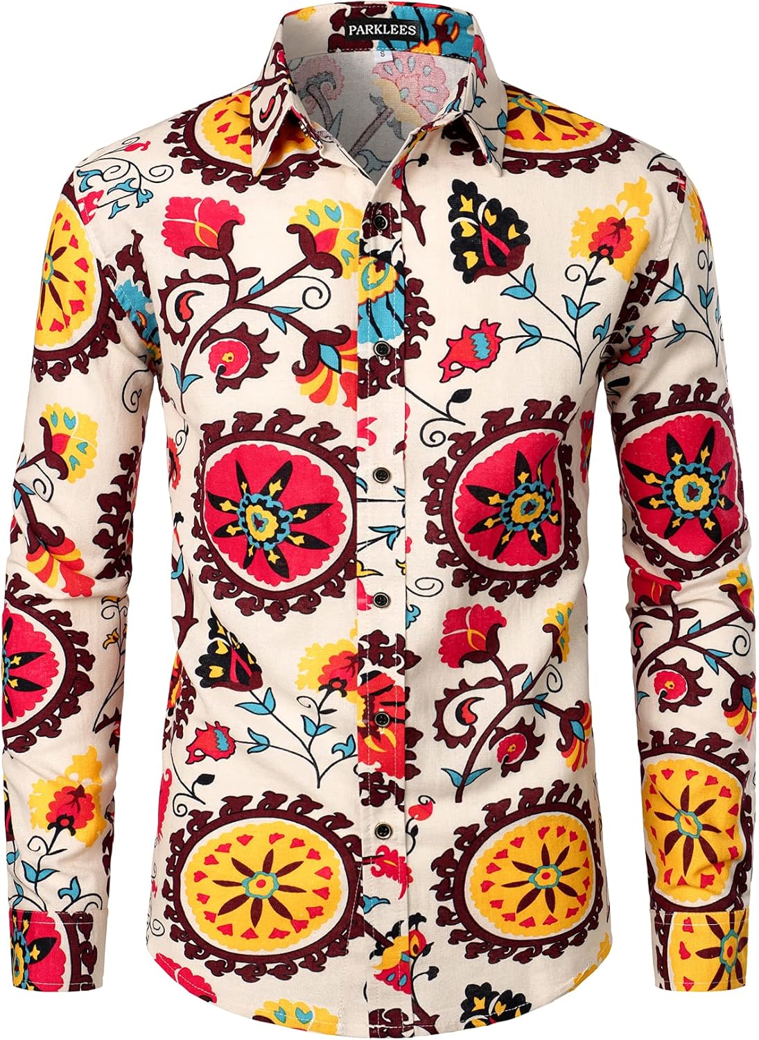 PARKLEES Men's Cotton Linen 70s Disco Retro Traditional Pattern Printed Long Sleeve Button Down Shirt