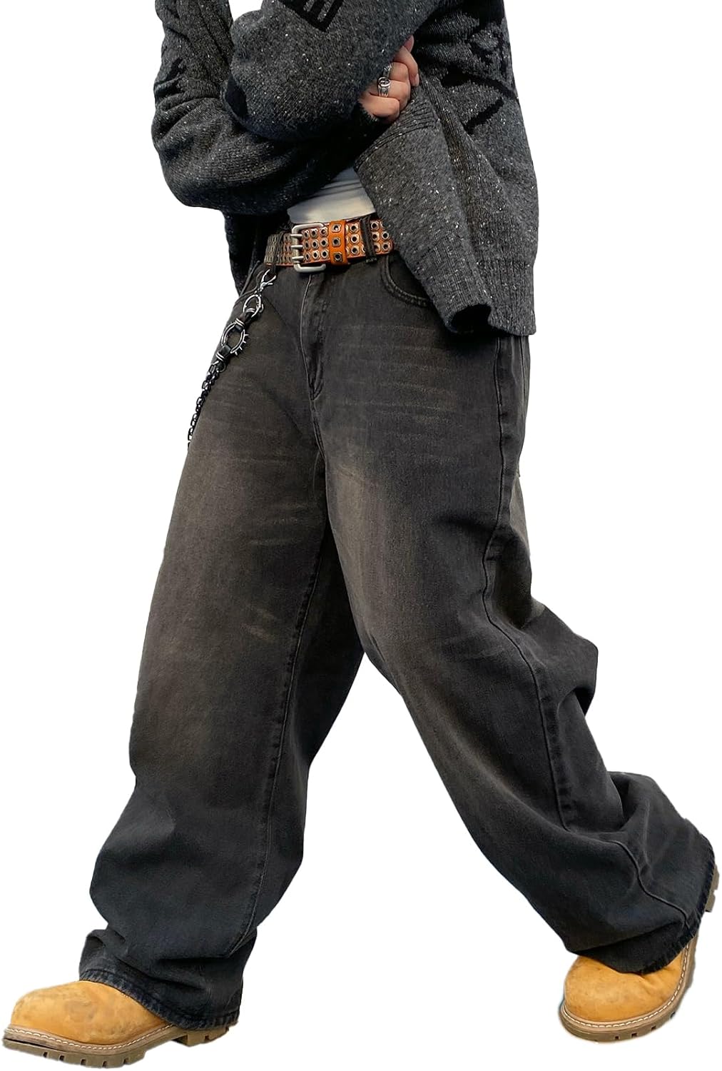 DFGIGT Men's Baggy Hip Hop Jeans Wide Leg Skater Denim Pants Casual Loose Fit Long Trousers Streetwear