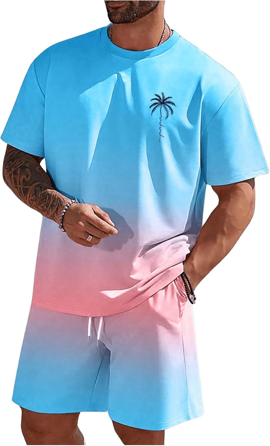 RoseSeek Men's Short Sets 2 Piece Outfits Tropical Graphic Tees and Shorts Sets Beach Vacation Outfits