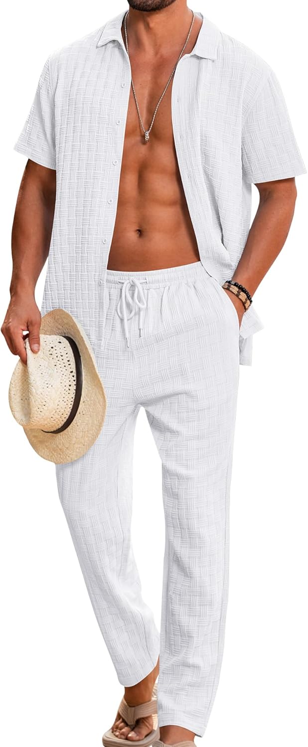LecGee Mens 2 Piece Outfits Textured Short Sleeve Button Down Shirts and Matching Loose Pants Beach Party Suits