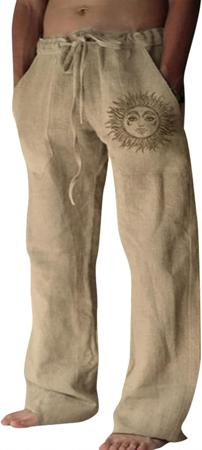 Puimentiua Cotton Linen Pants Men, Summer Beach Pants Loose Fit with Elastic Waist Drawstring