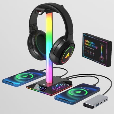 Gaming Headphone Stand PC Accessories - RGB Headset Stand with 2 USB Charger, Cool LED Headphone Holder PC Gaming Accessor...