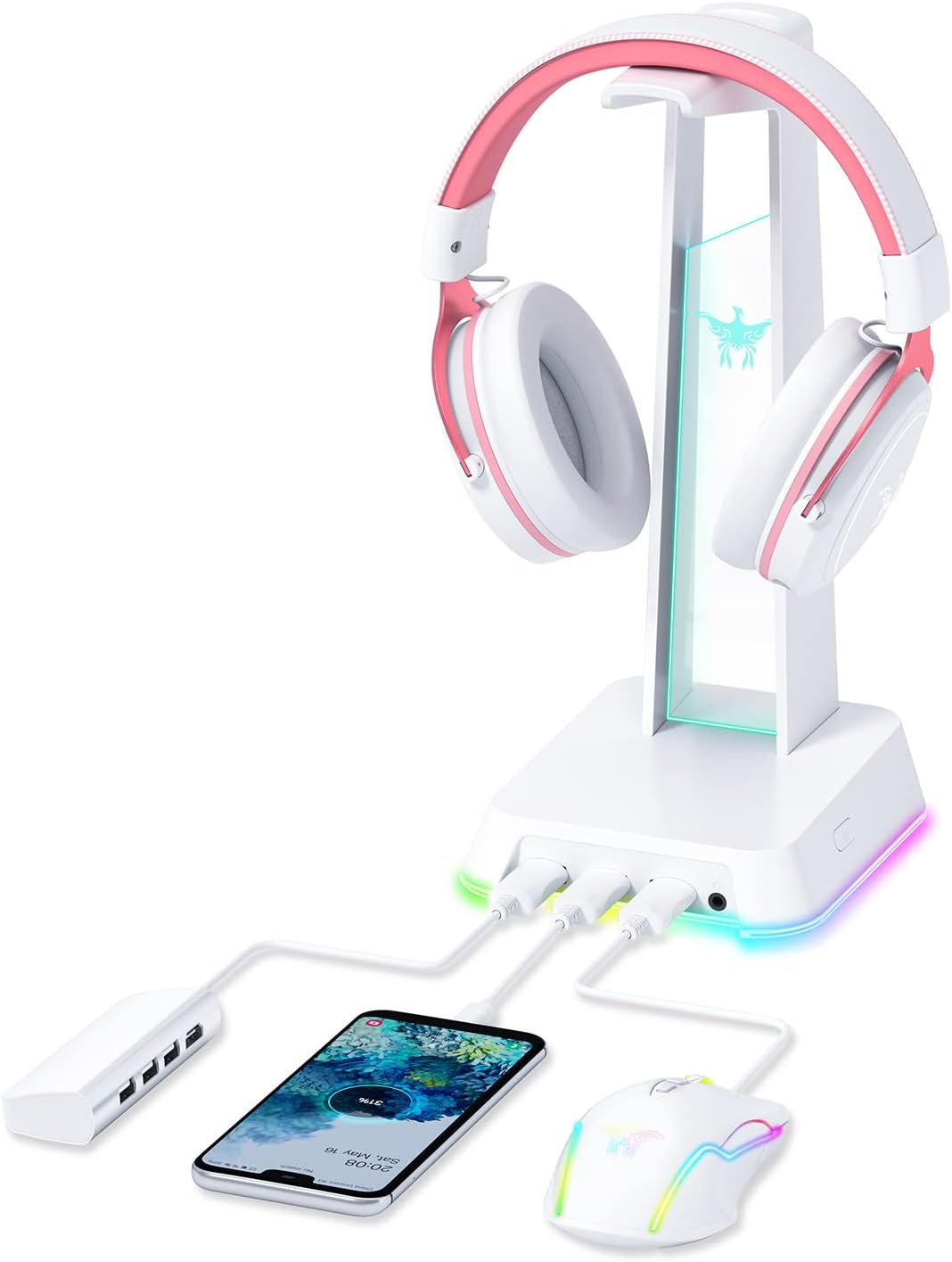 PHNIXGAM RGB Headphone Stand with 3.5mm AUX and 3 Port USB 2.0 Hub, Universal Gaming Headset Hanger Holder for Computer Ga...