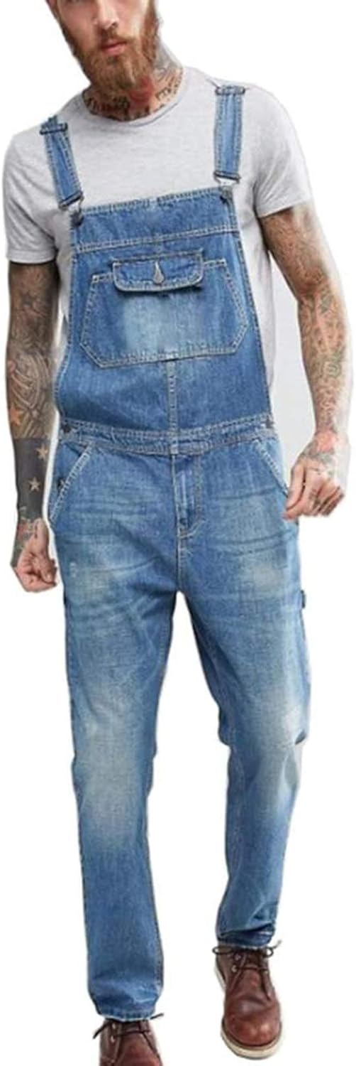 QJBMEI Men's Denim Bib Overalls Fashion Slim One-Piece Jeans