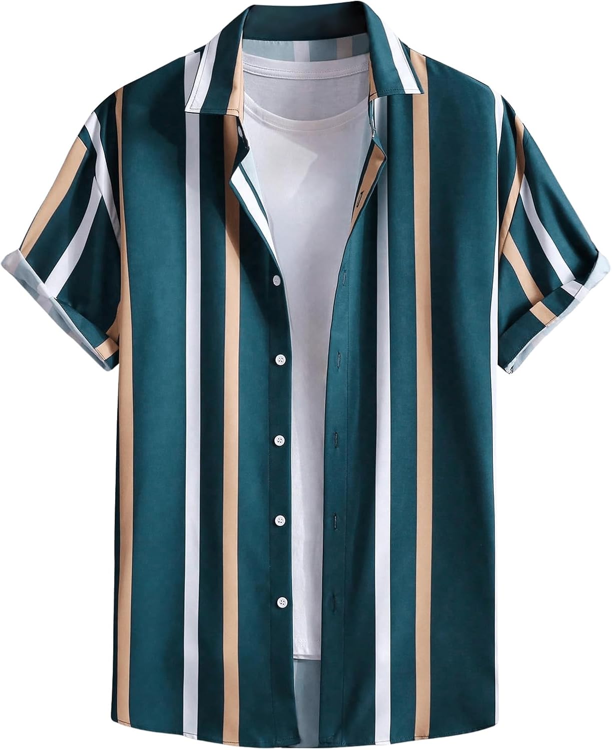 OYOANGLE Men's Color Block Striped Print Short Sleeve Button Up Casual Shirt