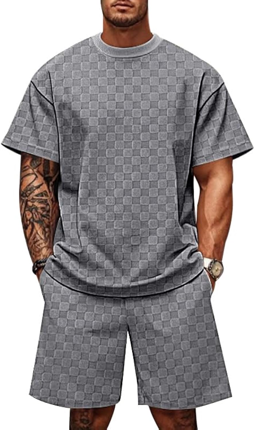 TAFLE Men's 2 Piece Set Summer Outfits Casual Geometric Texture Short Sleeve Shirt and Shorts Track Suits for Men Set