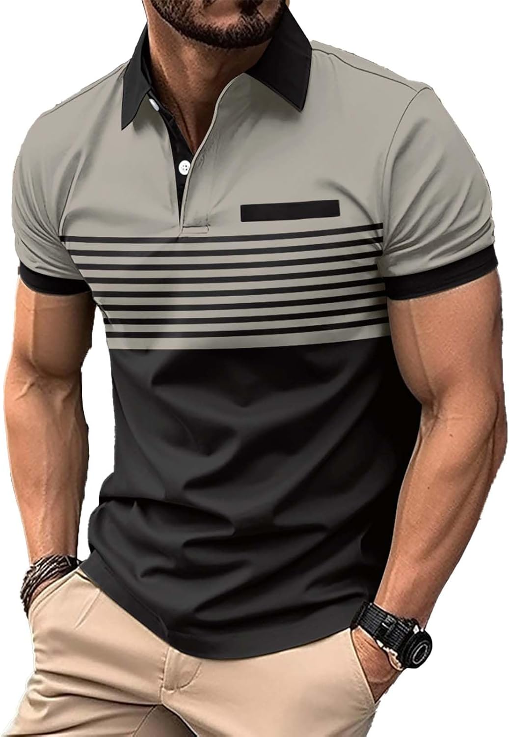 Mens Fashion Color Block Polo Shirts Casual Short Sleeve T Shirt Striped Moisture Wicking Golf Shirts Tops