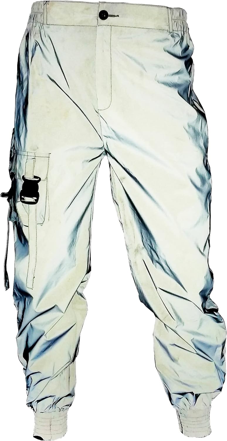 LZLRUN Men Rave Reflective Pants Breathable Zipper Fluorescent Trousers Casual Harajuku Night Sporting Jogger