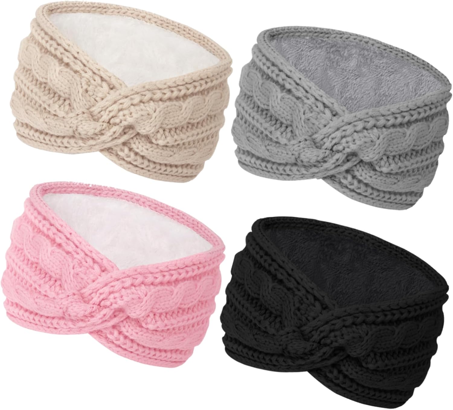 Warm Winter Headbands for Women Cable Crochet Turban Ear Warmer Headband with Plush