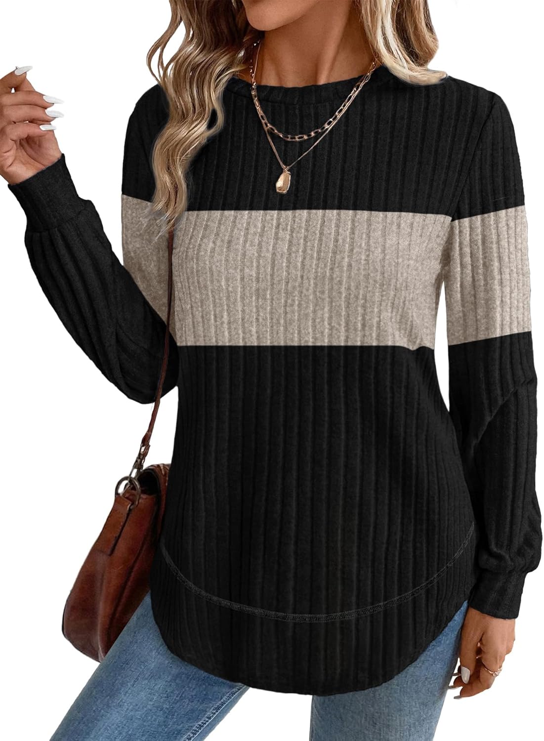 OFEEFAN Tunic Tops for Women Loose Fit Dressy Long Sleeve Shirts Womens Sweaters Crew Neck Fall Clothing with Curved Hem