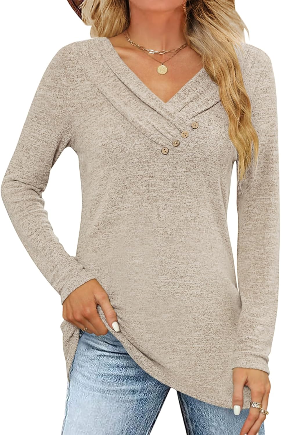 FMEYOA Women's Fall Long Sleeve Tunic Tops for Leggings V Neck Button Casual Blouse Sweatshirt