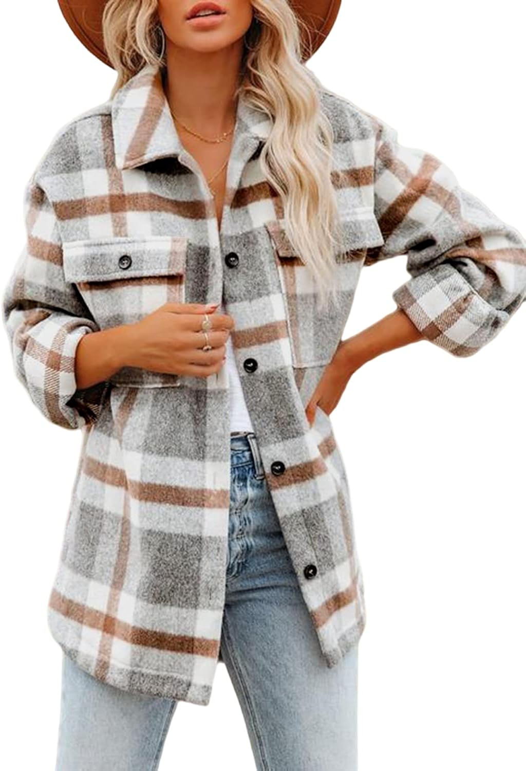 Beaully Women's Flannel Plaid Shacket 2025 Fall Outfits Long Sleeve Button Down Shirts Jacket Coats with Side Pockets