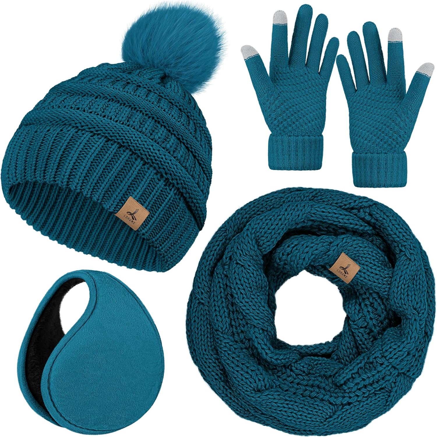 Winter Hat Scarf Gloves and Ear Warmer, Warm Knit Beanie Hat Touch Screen Gloves Set Winter Gifts Neck Scarves for Women