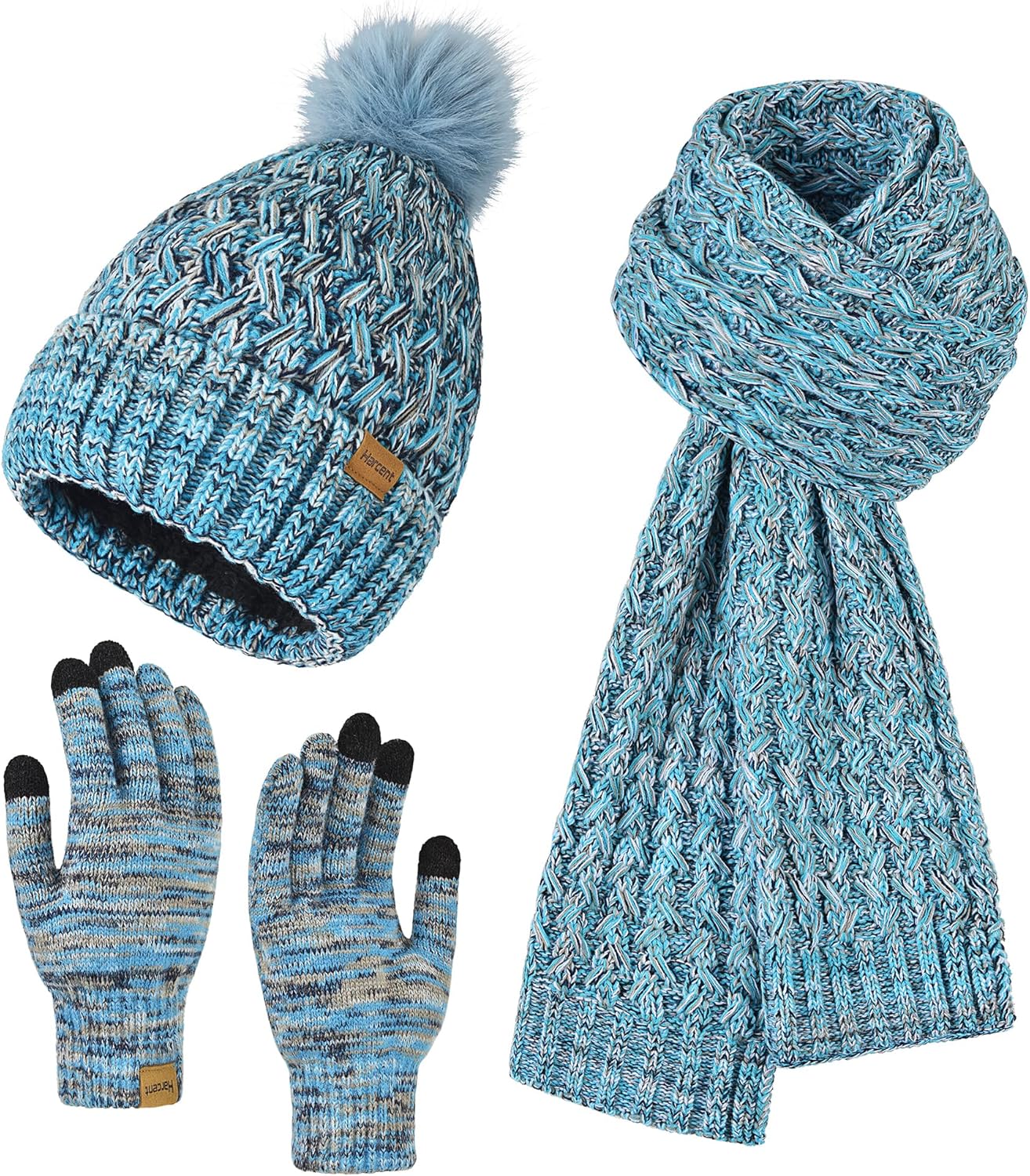 Sponsored Ad - Harcent Womens Winter Warm Beanie Hat Long Neck Scarf and Touchscreen Gloves Set with Fleece Lined Pom Skul...