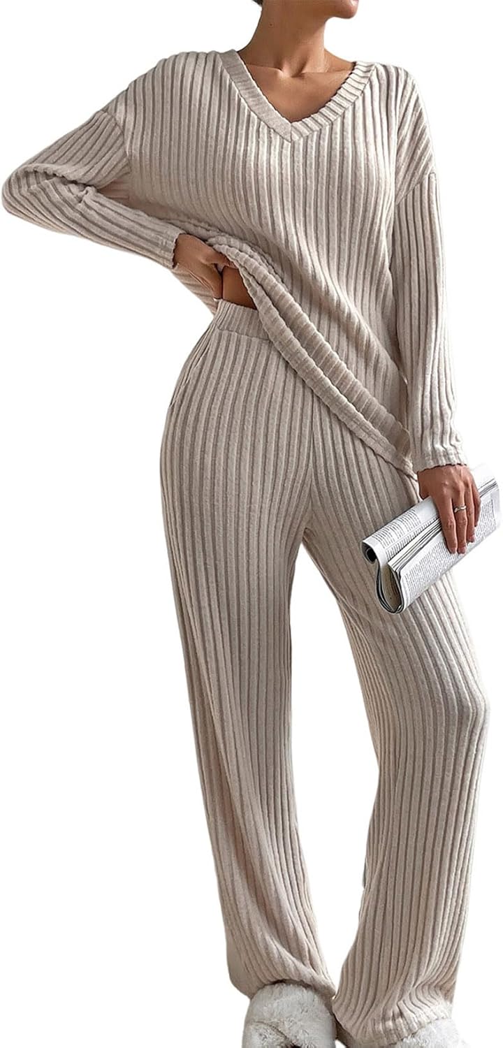 SHEWIN Women's Pajama Sets Long Sleeve Short Sleeve 2 Piece Lounge Sets Ribbed Knit Sweater Sleepwear