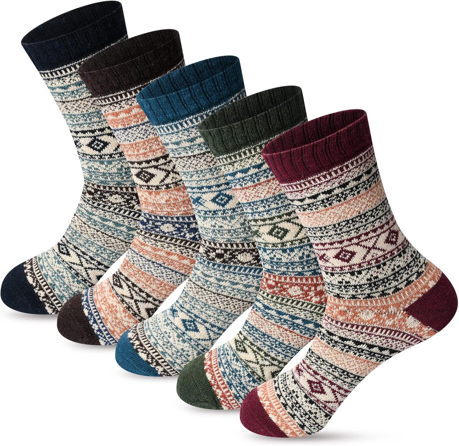 FYC Winter Womens Socks - Wool Warm Thick Knit Cozy Crew Casual Vintage Soft Socks for Women - Christmas Gifts - 5 Pairs
