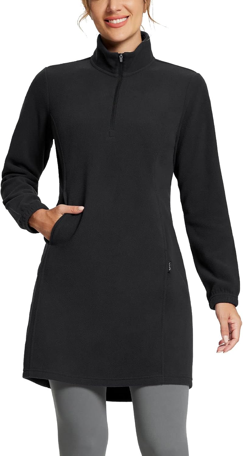 baleaf Women's Fleece Dress Sweatshirt Long Tunic Quarter Zip Pullover Polar Winter Warm Thermal Travel Dress with Pocket