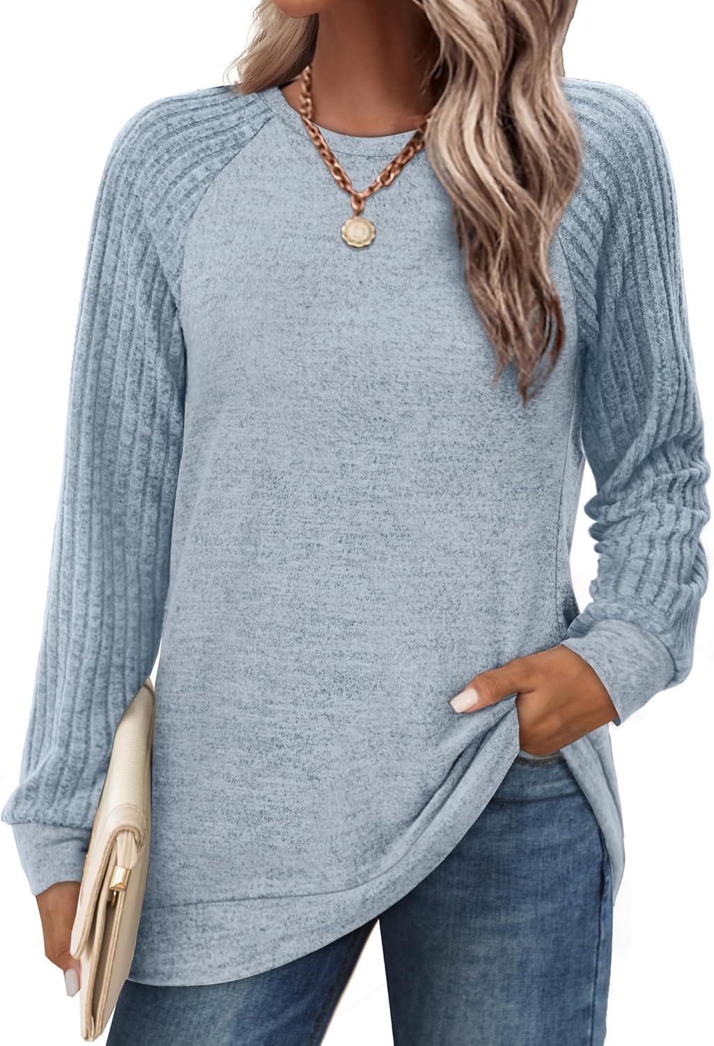 Saloogoe Tunic Sweatshirts for Women Crewneck Lightweight Sweaters Raglan Long Sleeve Shirts Fall Fashion Tops 2025