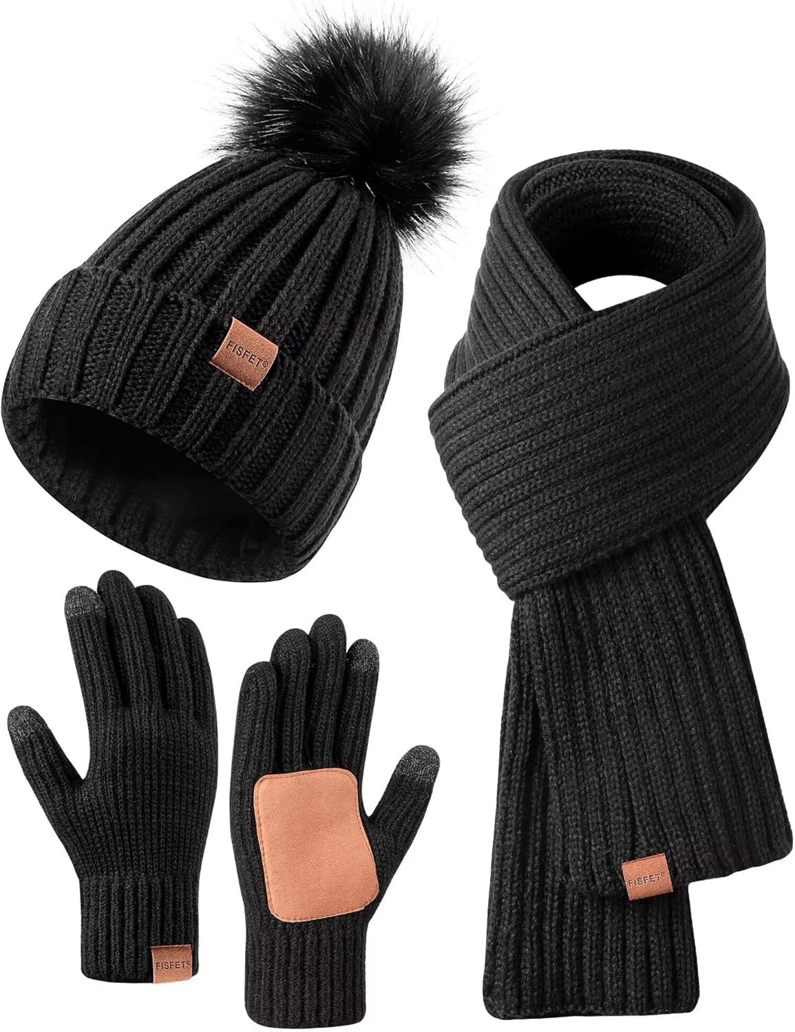 Winter Beanie Hat Scarf Gloves Set for Women, Womens Beanie with Pom Pom Long Scarf Neck Warmer Touchscreen Gloves 3 in 1 Set