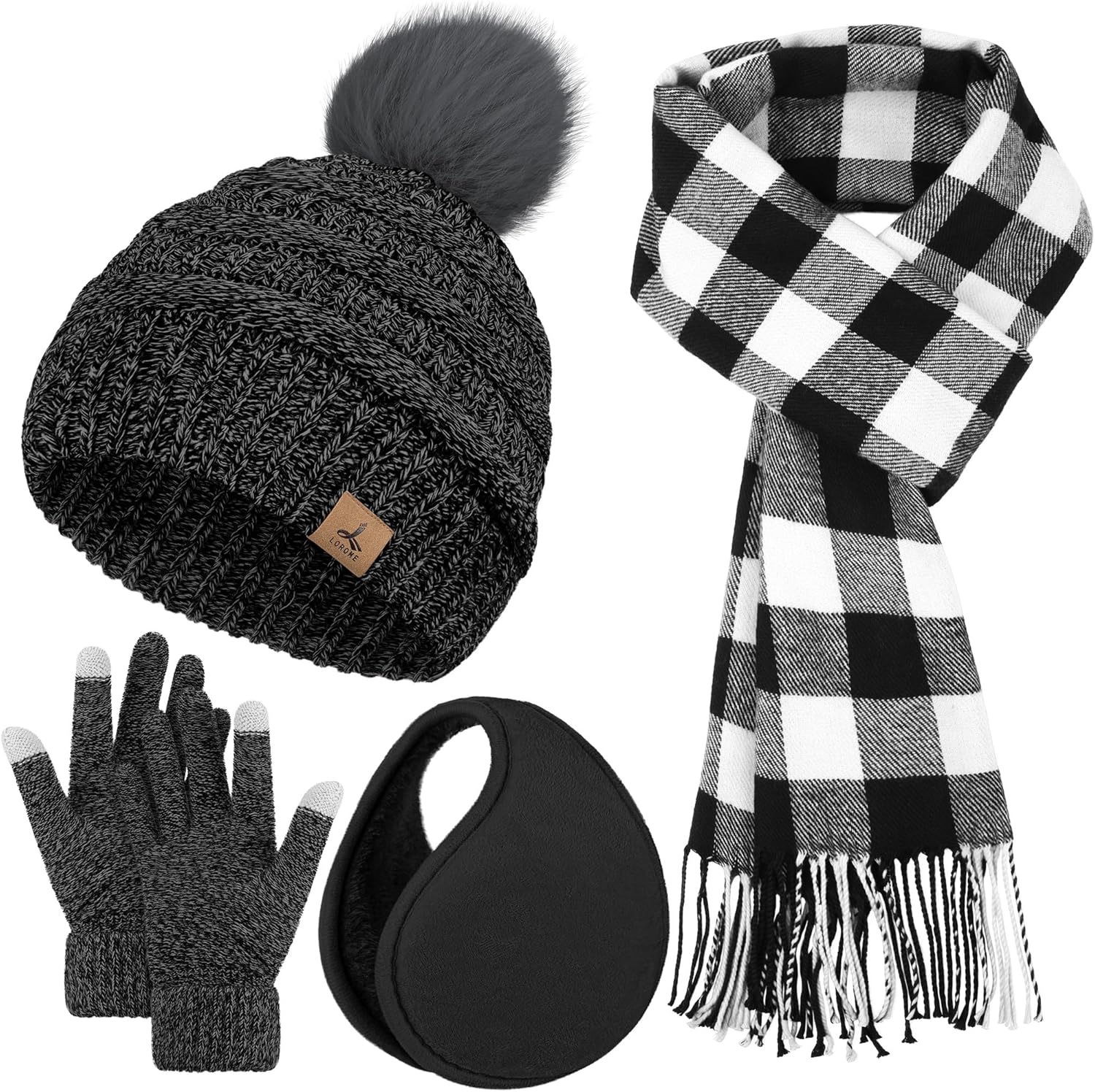 Winter Hat Scarf Gloves and Ear Warmer, Knit Warm Beanie Hat Touch Screen Gloves Long Knitted Plaid Scarf Set Gifts for Women