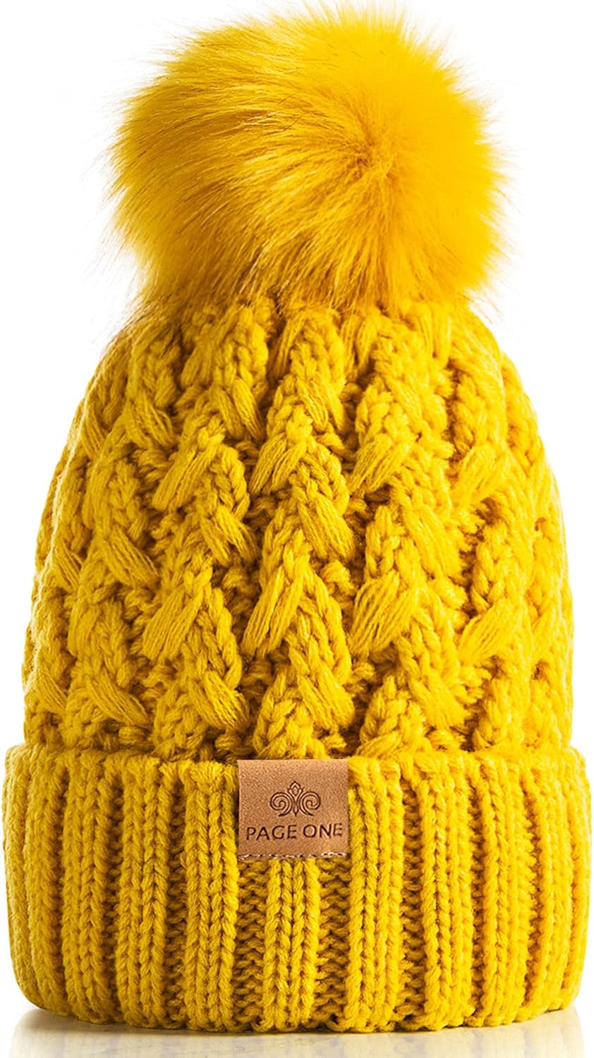 PAGE ONE Womens Winter Ribbed Beanie Crossed Cap Chunky Cable Knit Pompom Soft Warm Hat
