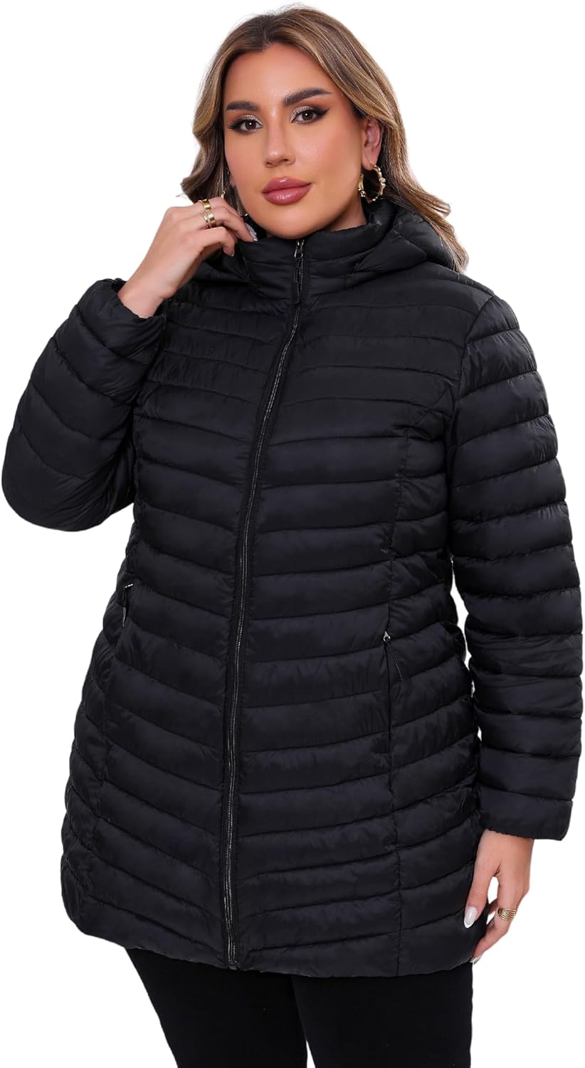 ANOTHER CHOICE Plus Size Puffer Jacket for women, Packable Hooded Lightweight Travel Puffy Jacket (1X-6X)