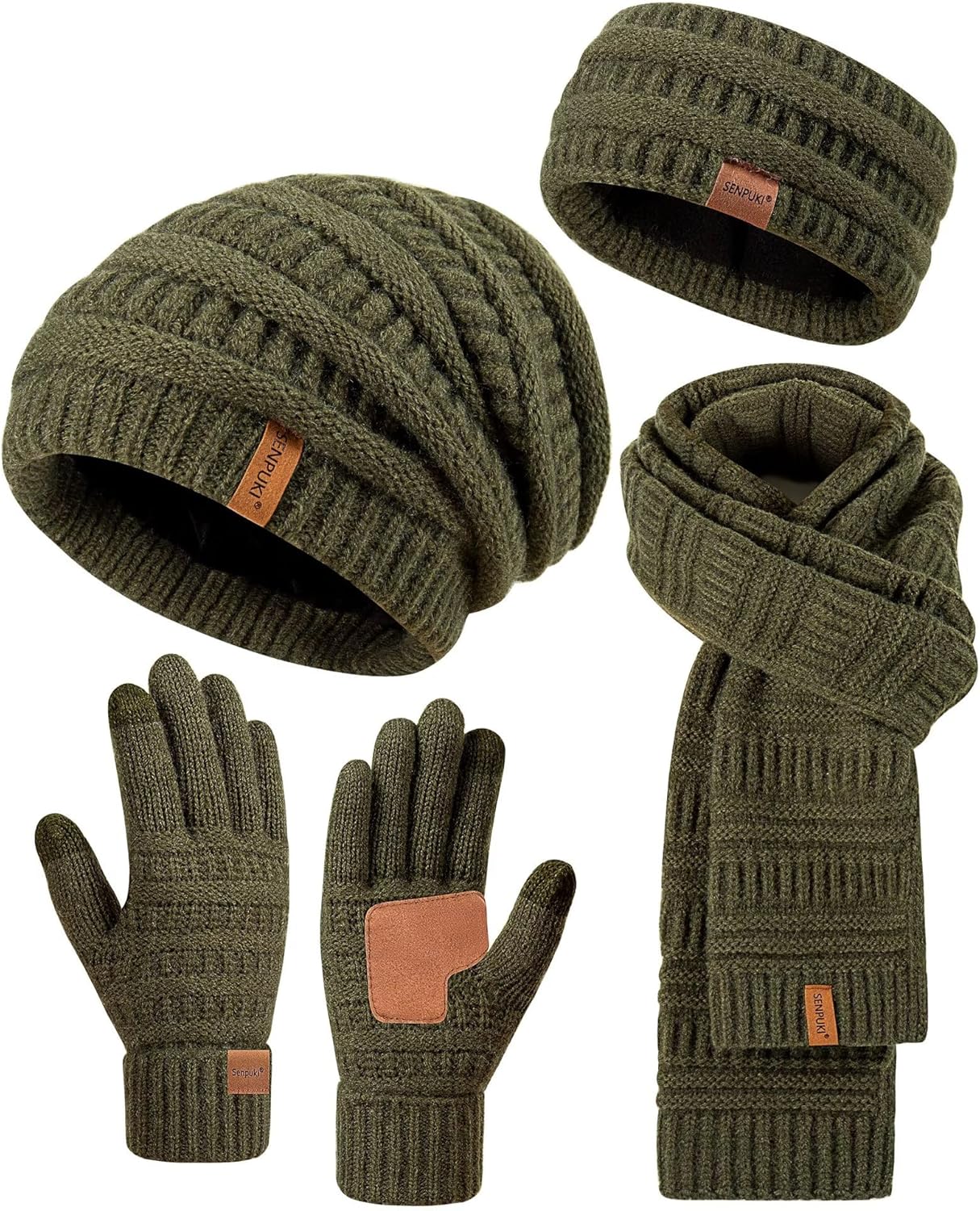 Womens Winter Beanie Hat Scarf Gloves Headband Set, Slouchy Beanie Ear Warmer Knit Scarf Touchscreen Gloves Warm 4 Gift Set