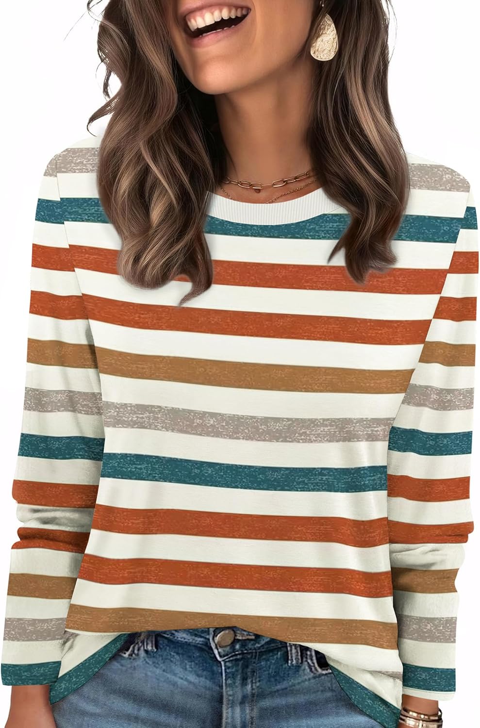 WIHOLL Womens Striped Long Sleeve Shirts Fall Outfits 2025 Color Block Tops Fashion Clothing Ribbed Crewneck Tee Blouses