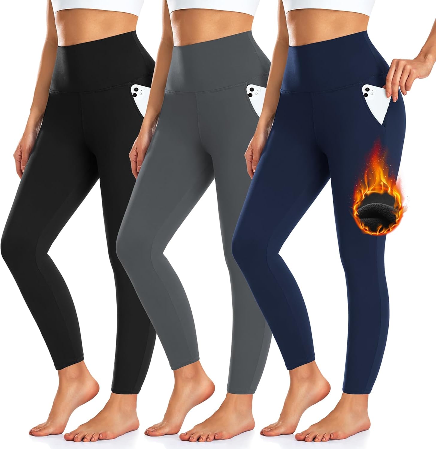 3 Pack Fleece Lined Leggings Women with Pockets -Warm Winter Yoga Pants for Women Thermal Running Workout Leggings