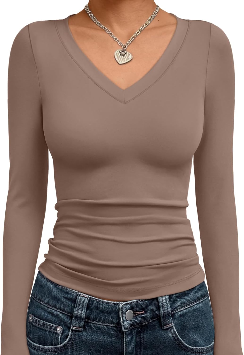 Trendy Queen Long Sleeve Shirts for Women 2025 Fall Fashion V Neck Basics Crop Tops Slim Fitted Y2K Tops Outfits Clothes