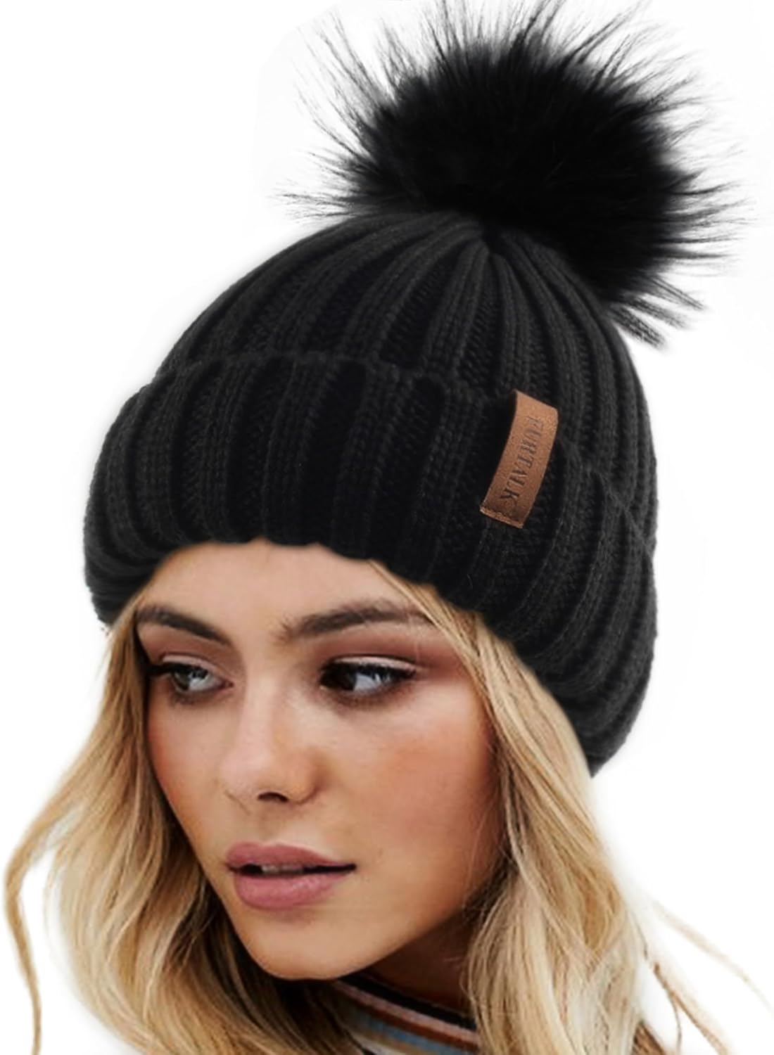 FURTALK Womens Winter Knitted Beanie Hat with Faux Fur Pom Warm Knit Skull Cap Beanie for Women