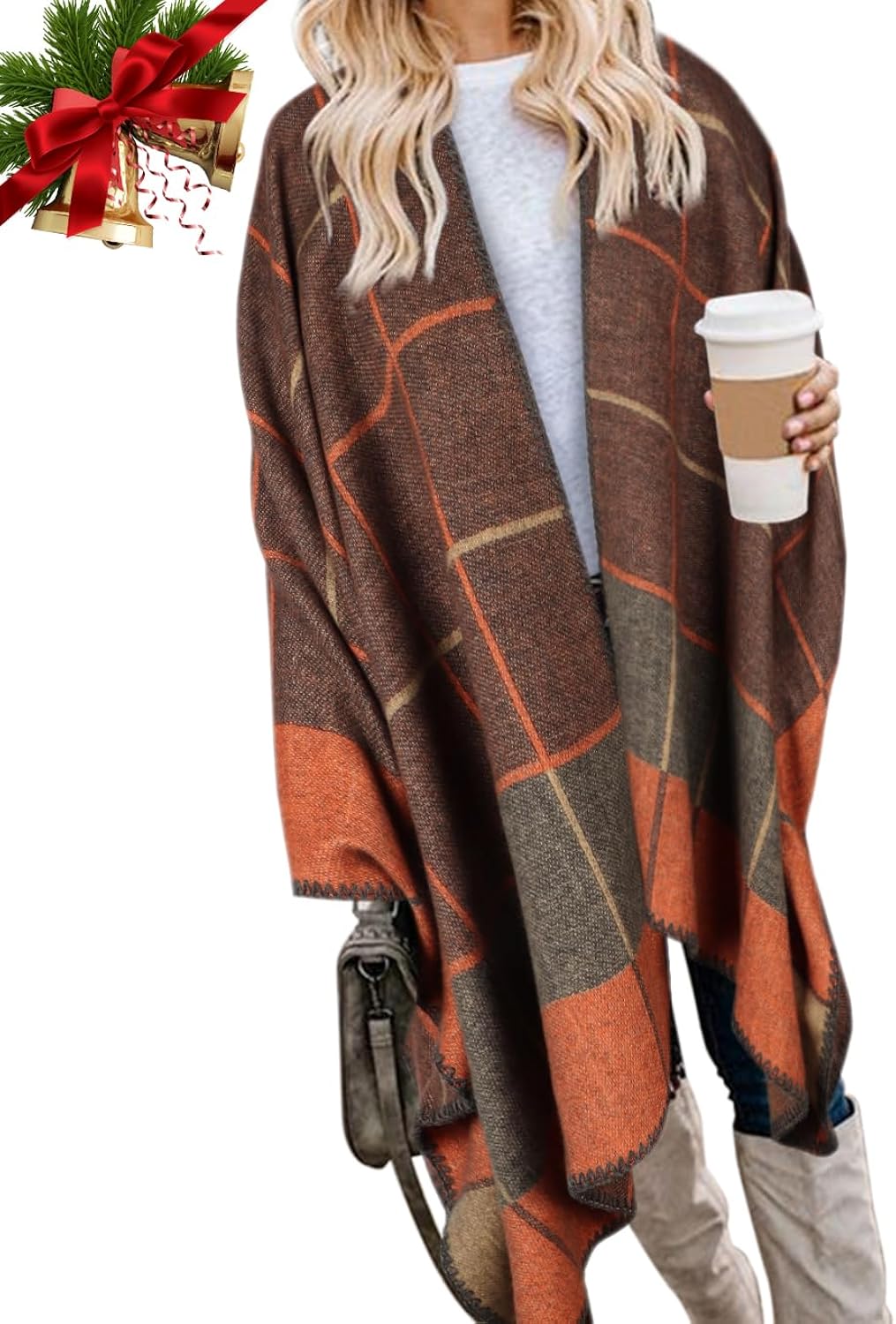 Bestshe Women's Boho Open Front Poncho Knitted Plaid Shawl Wrap Cape Tassel Cardigan Sweater